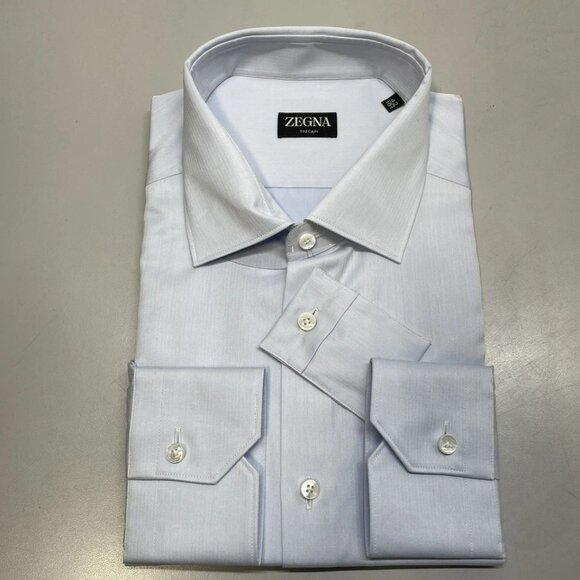 Zegna Men's Micro-Striped Trecapi Cotton Dress Shirt Light Blue Size 16.5 - Picture 6 of 6